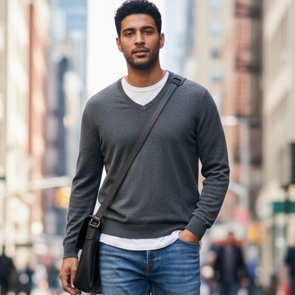 Banana Republic Men's Charcoal Grey Silk Cashmere‎ Blend V-Neck Sweater Medium